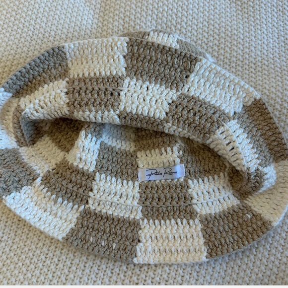 Petites Reveries Harmon Hat | Neutral crochet Hailey Bieber tan cream checkered main image 4